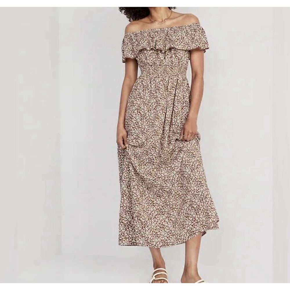 Old Navy Off Shoulder Ruffle Midi Dress Brown White Medium Cottagecore Beach XL